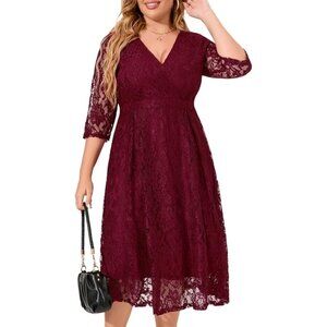 Burgundy Wine Lace Midi Dress Size 22 3X Christmas Holiday Party Wedding Plus Sz